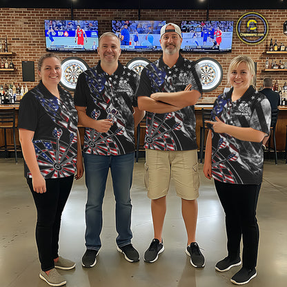 Men's dart team wearing personalized Smoke US Flag patriotic dart uniforms for league tournament