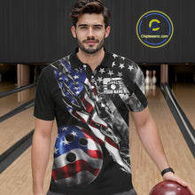 Load image into Gallery viewer, Male bowler wearing personalized Smoke US Flag bowling jersey during league tournament competition, patriotic bowling apparel