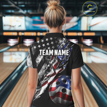 Load image into Gallery viewer, Female bowler wearing personalized Smoke US Flag bowling jersey during league tournament competition, patriotic bowling apparel