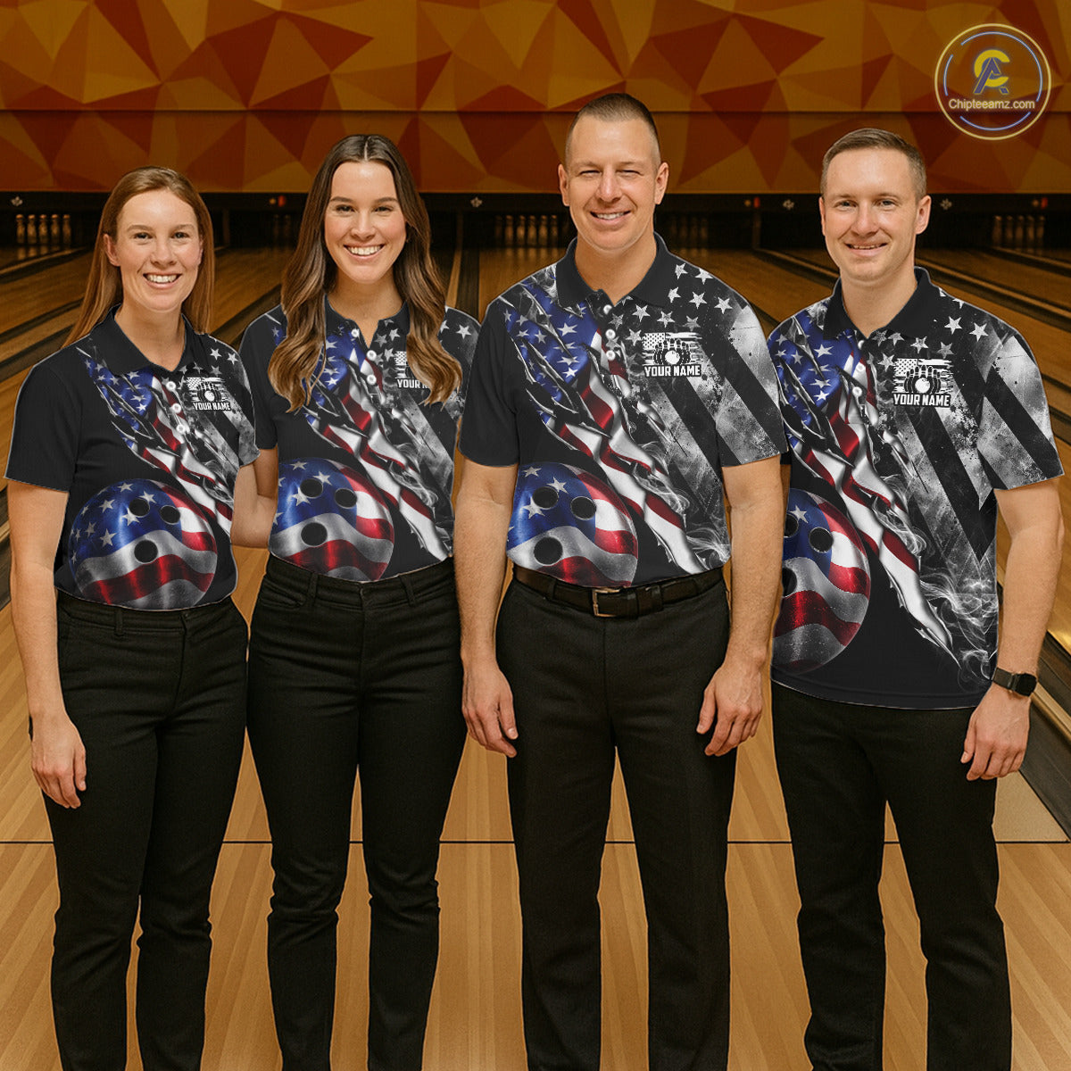 Men women bowling team wearing personalized Smoke US Flag patriotic bowling uniforms, custom bowling team jerseys for league and tournament play