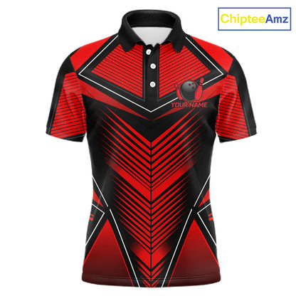 Mens Polo Quarter-Zip Bowling Shirts Custom Black & Red Strikes Bowling Team Jersey, Gift For Bowlers NYN3786