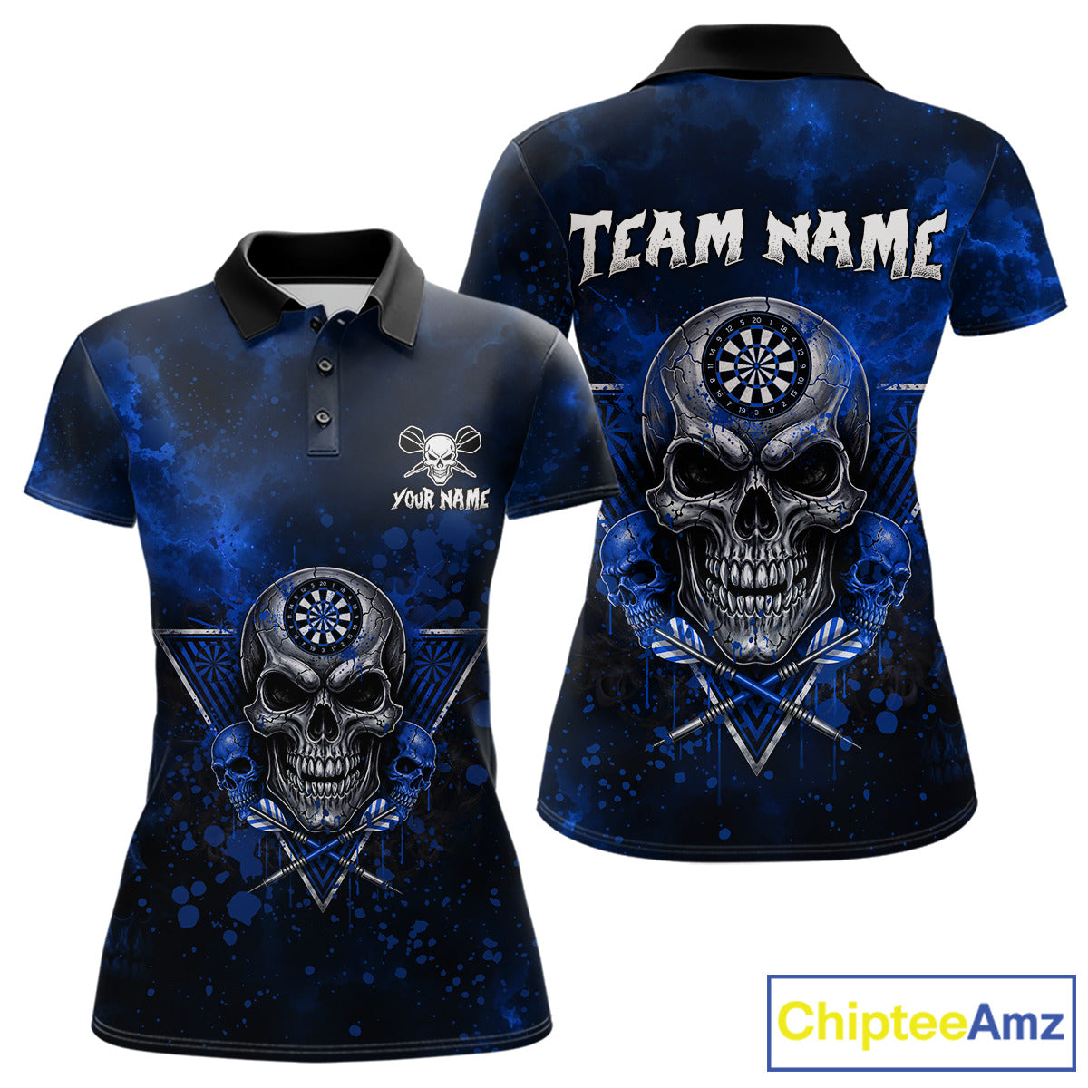 Custom Blue Splatter Multi-Skull Women Darts Arrow Polo League Shirts Dart Team Jerseys NYN2201