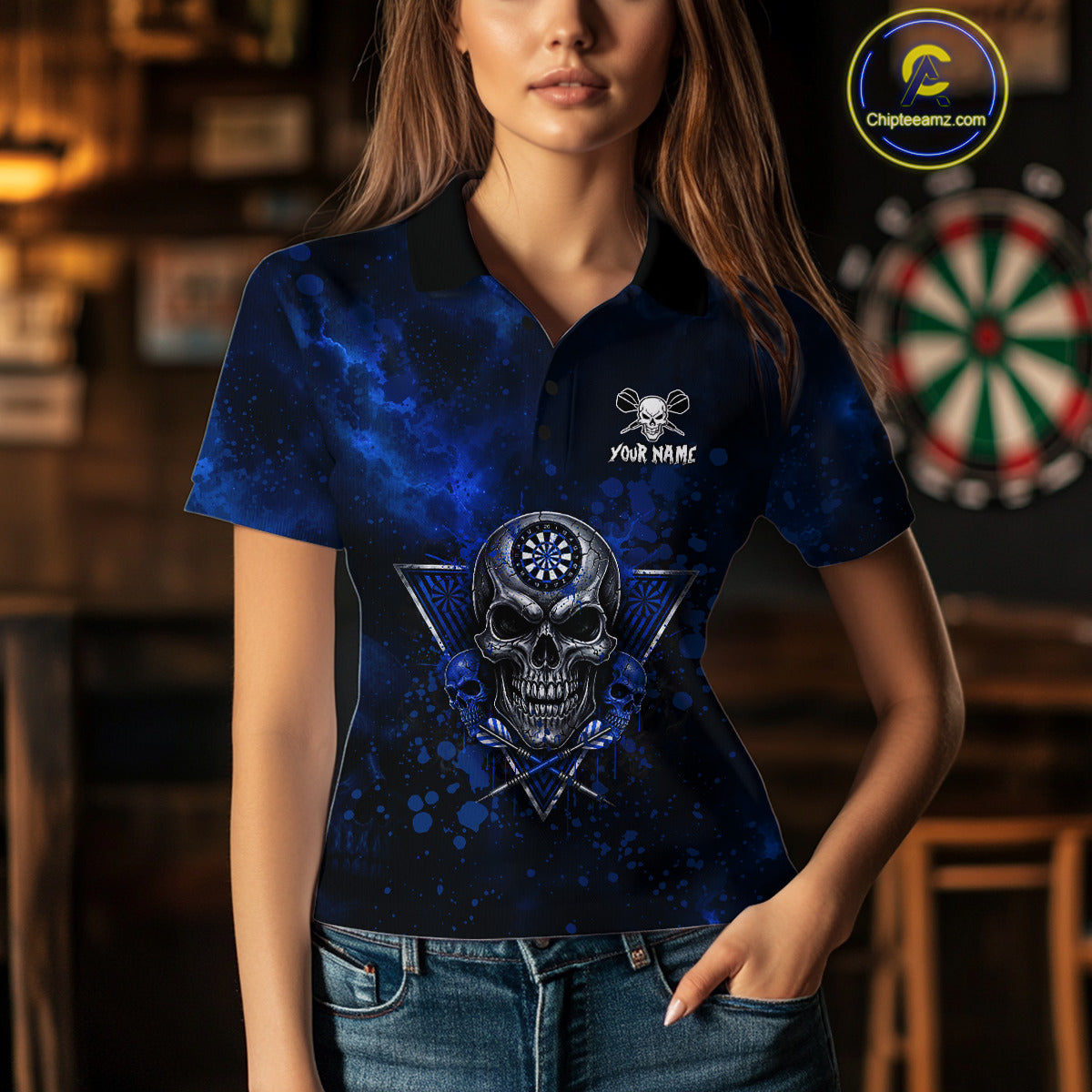 Custom Blue Splatter Multi-Skull Women Darts Arrow Polo League Shirts Dart Team Jerseys NYN2201