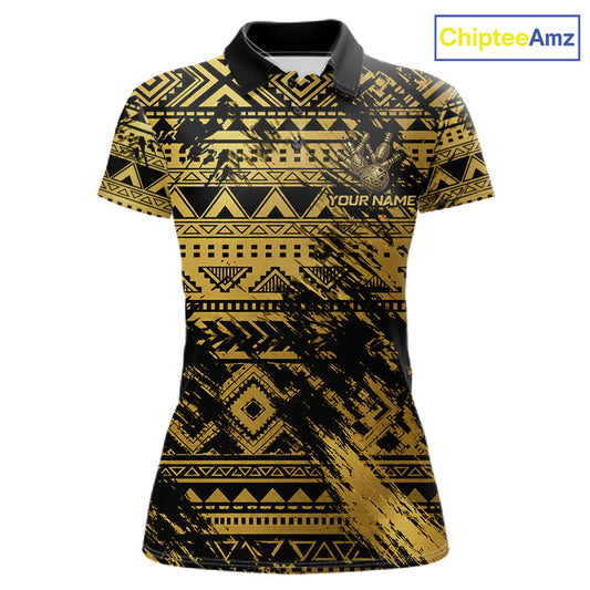 Custom Grunge Gold Tribal Bowling Polo featuring bold Polynesian tribal patterns, personalized bowling team name, moisture-wicking performance fabric, custom bowling league apparel, tournament-ready polo, Hawaiian-inspired sportswear, tribal heritage, warrior symbolism, athletic lifestyle, Father's Day gift, custom bowling team uniform.