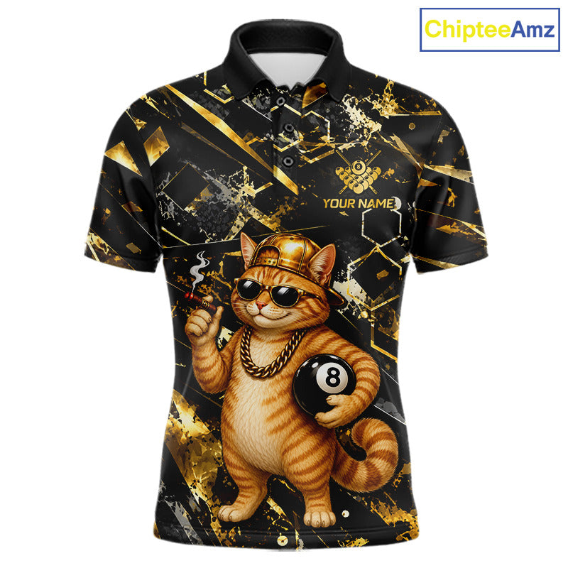 Funny Rich Cat Billiard Polo featuring rich cat artwork, personalized player name, custom billiards team shirt, moisture-wicking athletic polo, luxury-inspired sportswear, tournament-ready pool apparel, funny mascot design.