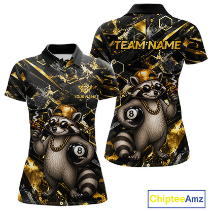 Gold & Black Funny Rich Raccoon 8 Ball Billiard Polo featuring a wealthy raccoon mascot with stacks of cash and gold accents, personalized team name, breathable performance polo, custom pool tournament jersey, funny mascot sportswear, luxury-inspired cue sports apparel.