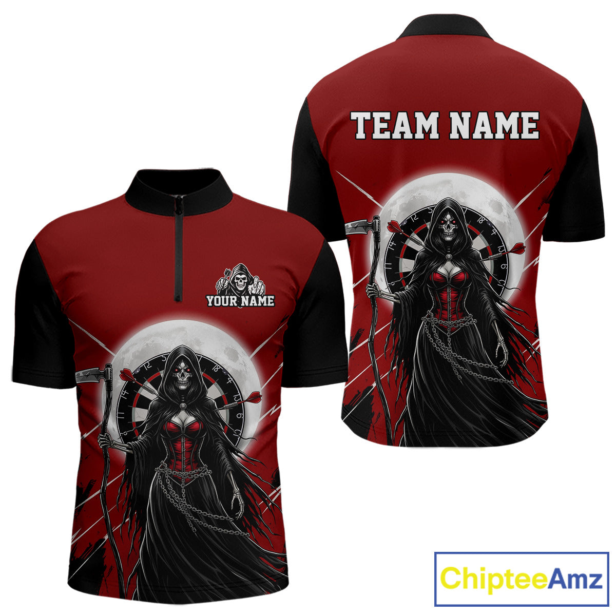 Black And Red Grim Reaper Moon Dartboard Custom Men Darts Quarter-Zip Shirt Gothic Dart Jerseys NYN1947