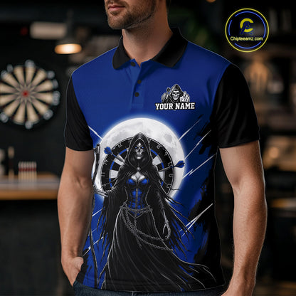 Black And Blue Grim Reaper Moon Dartboard Custom Men Darts Polo Shirt Gothic Dart Jerseys NYN1948