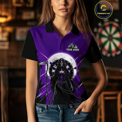 Black And Purple Grim Reaper Moon Dartboard Custom Women Darts Quarter-Zip Shirt Gothic Dart Jerseys NYN1949