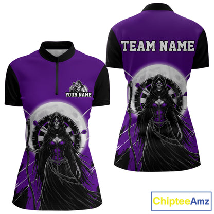 Black And Purple Grim Reaper Moon Dartboard Custom Women Darts Quarter-Zip Shirt Gothic Dart Jerseys NYN1949