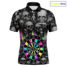 Load image into Gallery viewer, Grey Skull Pattern Colorful Strike men's darts polo shirt, personalized dart team jersey, custom dart uniform, dartboard apparel, league tournament darts shirt
