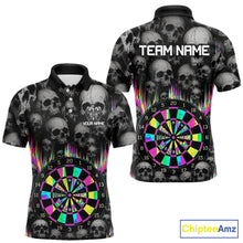 Load image into Gallery viewer, Grey Skull Pattern Colorful Strike men's darts polo shirt, personalized dart team jersey, custom dart uniform, dartboard apparel, league tournament darts shirt