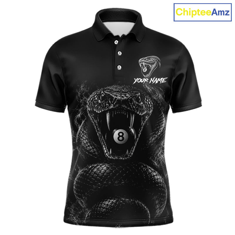 Grey Smokes Cobra men's billiard polo shirt custom 8 ball pool jersey, personalized billiards team uniform, pool league apparel,