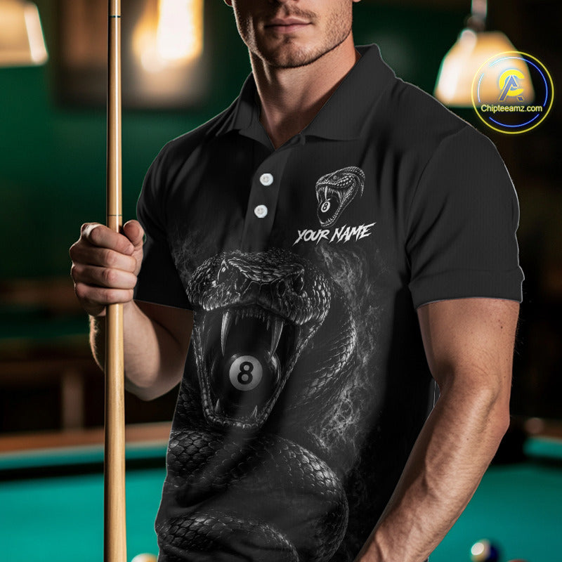 Male billiards player wearing Grey Smokes Cobra 8 ball pool jersey during APA league tournament competition, personalized billiard apparel