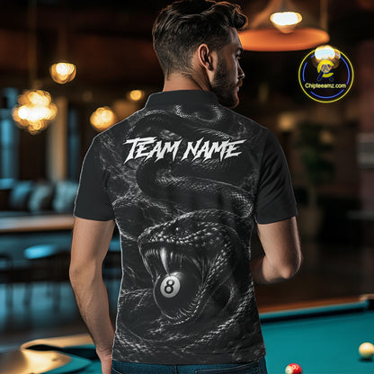 Male billiards player wearing Grey Smokes Cobra 8 ball pool jersey during APA league tournament competition, personalized billiard apparel