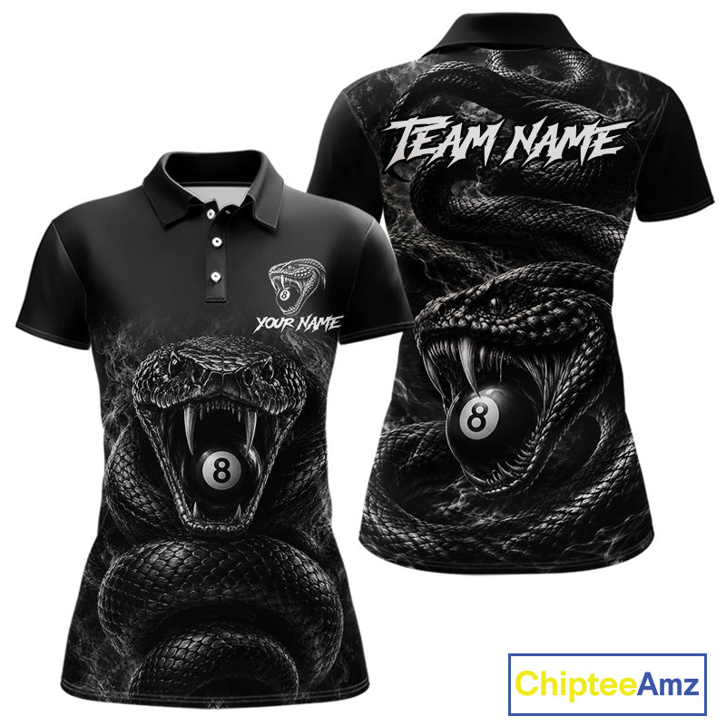 Grey Smokes Cobra women's billiard polo shirt custom 8 ball pool jersey, personalized billiards team uniform, pool league apparel, APA BCA tournament shirt