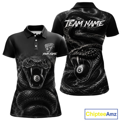 Grey Smokes Cobra women's billiard polo shirt custom 8 ball pool jersey, personalized billiards team uniform, pool league apparel, APA BCA tournament shirt