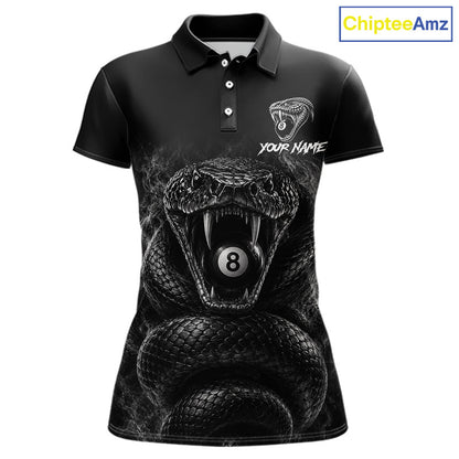 Grey Smokes Cobra women's billiard polo shirt custom 8 ball pool jersey, personalized billiards team uniform, pool league apparel, APA BCA tournament shirt