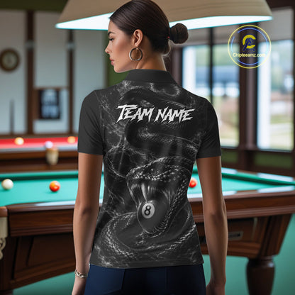 Female billiards player wearing Grey Smokes Cobra 8 ball pool jersey during APA league tournament competition, personalized billiard apparel
