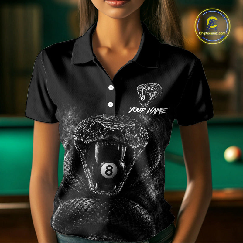 Female billiards player wearing Grey Smokes Cobra 8 ball pool jersey during APA league tournament competition, personalized billiard apparel