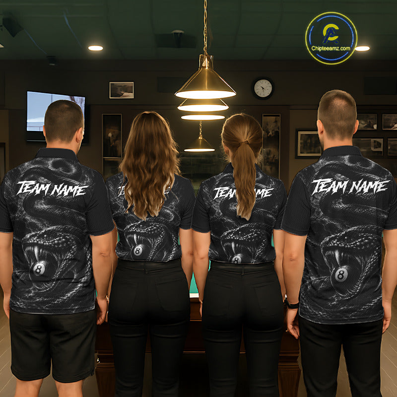 Men women billiard team wearing Grey Smokes Cobra custom 8 ball pool uniforms, professional pool league jerseys for tournament play