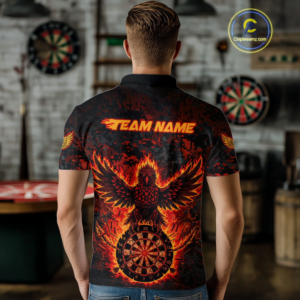 Custom Red Flames Eagle Digital Camo Darts Polo Shirt For Men Cracked Dart Jerseys NYN1958