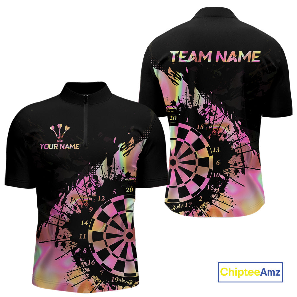 Pink Holographic Dartboard Grunge Darts 1/4-Zip Shirts For Men Custom Name For Darters NYN2705