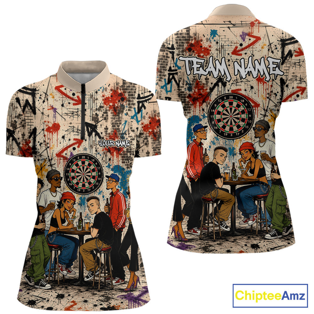 Grunge Graffiti Funny Friends And Beer Women Darts Shirt Custom Polo 1/4 Zip Team Darts Jersey NYN3243
