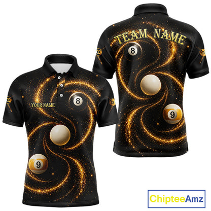 Black and Yellow Galaxy men's billiard polo shirt custom 8 ball 9 ball pool jersey, personalized billiards team apparel