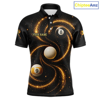 Black and Yellow Galaxy men's billiard polo shirt custom 8 ball 9 ball pool jersey, personalized billiards team apparel