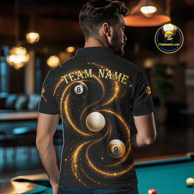 Male pool player wearing Black and Yellow Galaxy 8 ball 9 ball billiard jersey during league and tournament competition