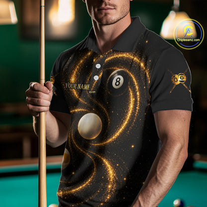 Male pool player wearing Black and Yellow Galaxy 8 ball 9 ball billiard jersey during league and tournament competition