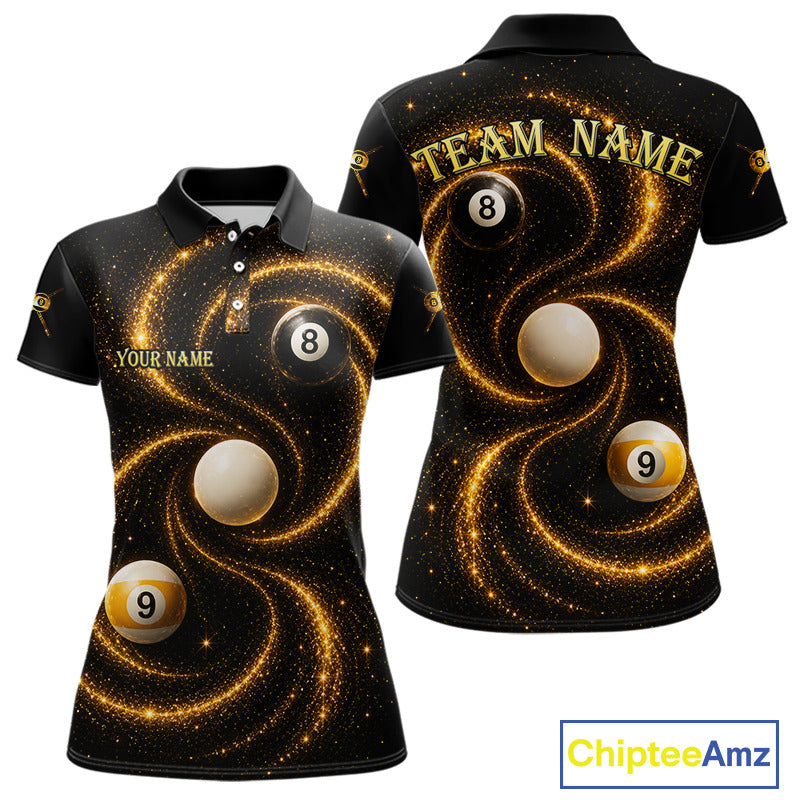 Black and Yellow Galaxy women's billiard polo shirt custom 8 ball 9 ball pool jersey, personalized billiards team apparel