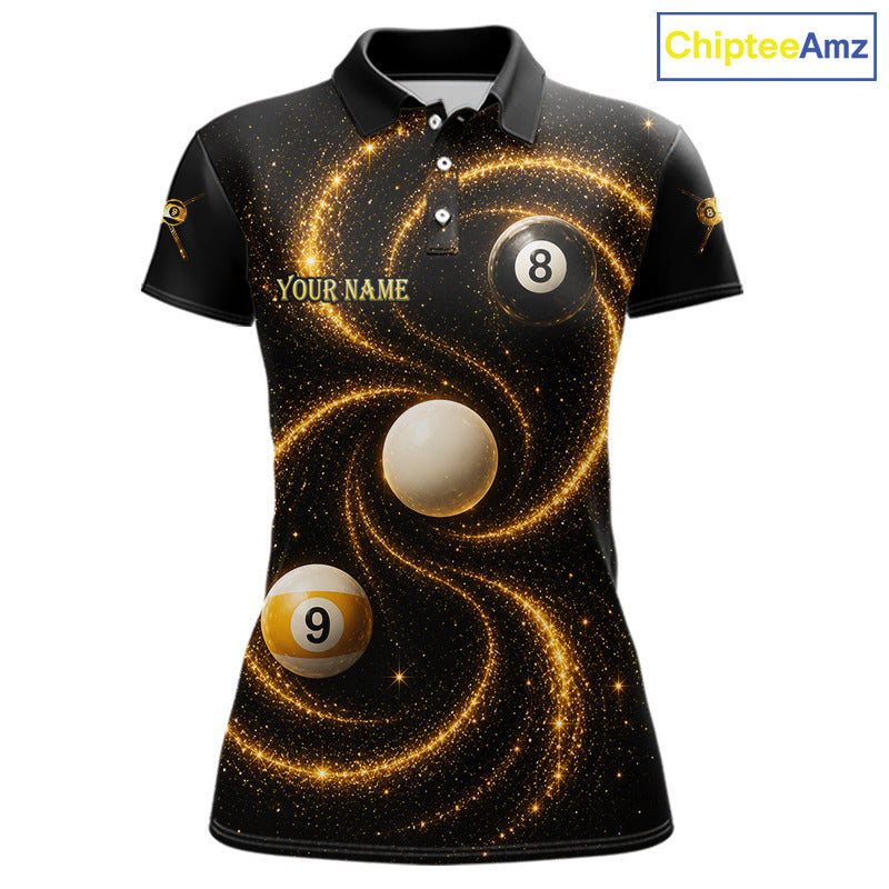 Black and Yellow Galaxy women's billiard polo shirt custom 8 ball 9 ball pool jersey, personalized billiards team apparel