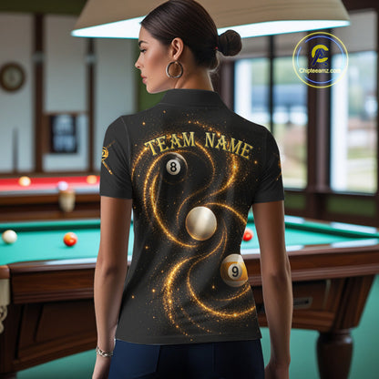 Female pool player wearing Black and Yellow Galaxy 8 ball 9 ball billiard jersey during league and tournament competition