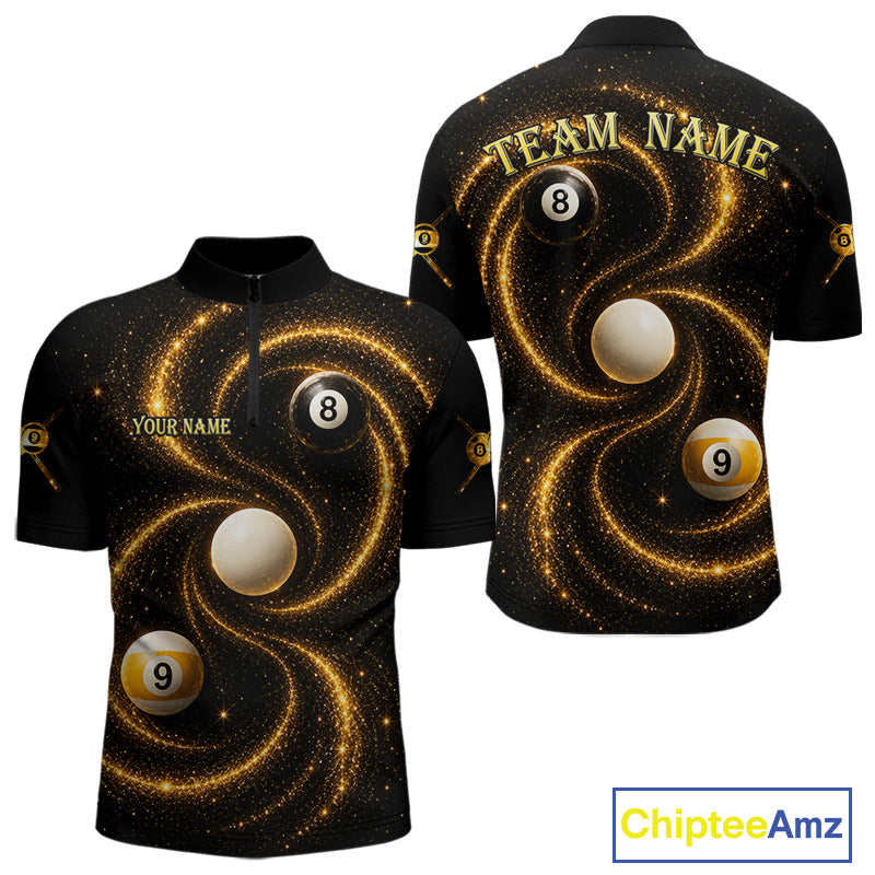 Black and Yellow Galaxy men's quarter zip billiard shirt custom pool league jersey, professional cue sports uniform