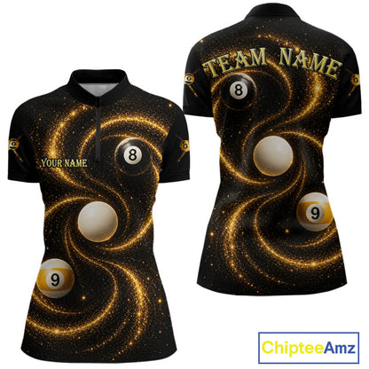 Black and Yellow Galaxy women's quarter zip billiard shirt custom pool league jersey, professional cue sports uniform
