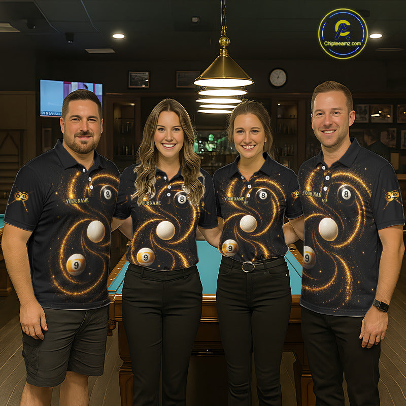 Men women billiard team wearing Black and Yellow Galaxy custom pool uniforms, professional billiards team jerseys