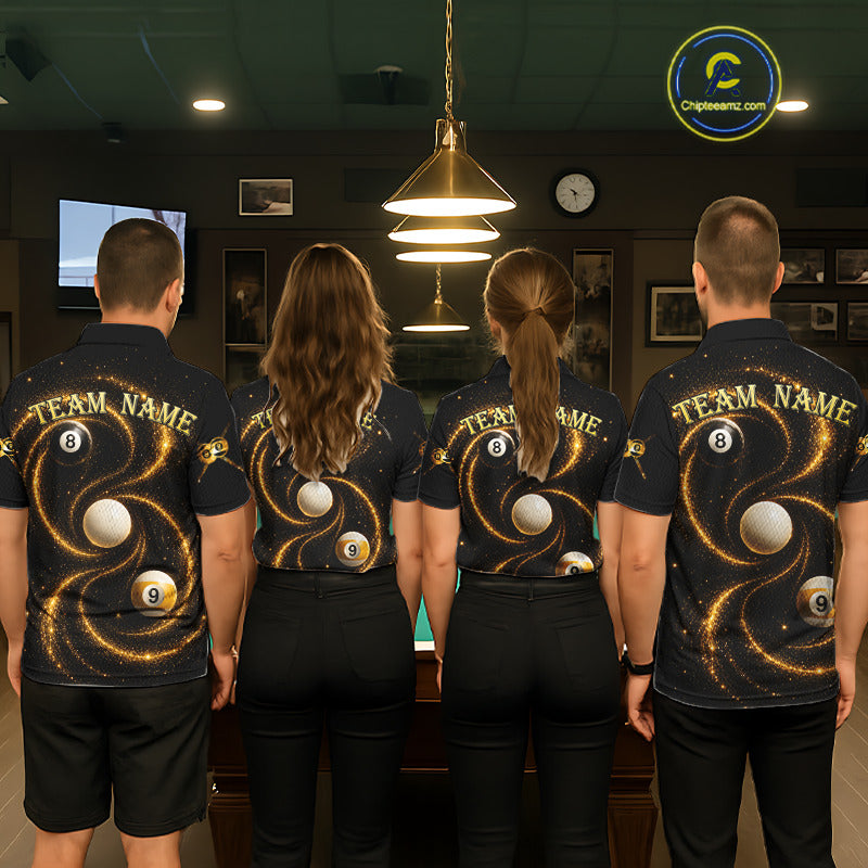 Men women billiard team wearing Black and Yellow Galaxy custom pool uniforms, professional billiards team jerseys
