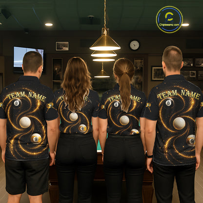 Men women billiard team wearing Black and Yellow Galaxy custom pool uniforms, professional billiards team jerseys