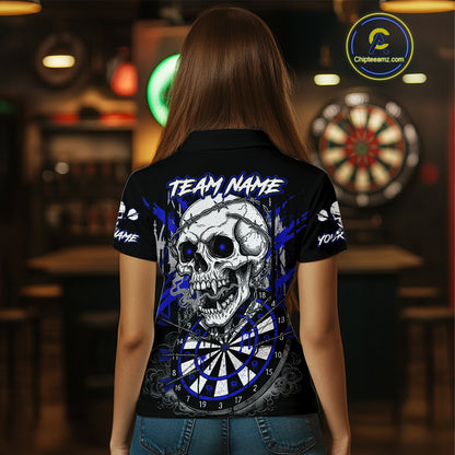 Custom Blue Grey Skull Barbed Wire Dartboard Grunge Darts Polo Shirt For Women Dart Gifts NYN1970
