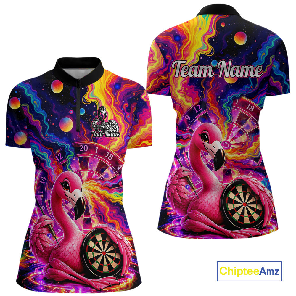 Personalized Cute Flamingo Dart Polo & Quarter Zip Shirt For Women Colorful Rainbow Paint Darts Jersey NYN2869