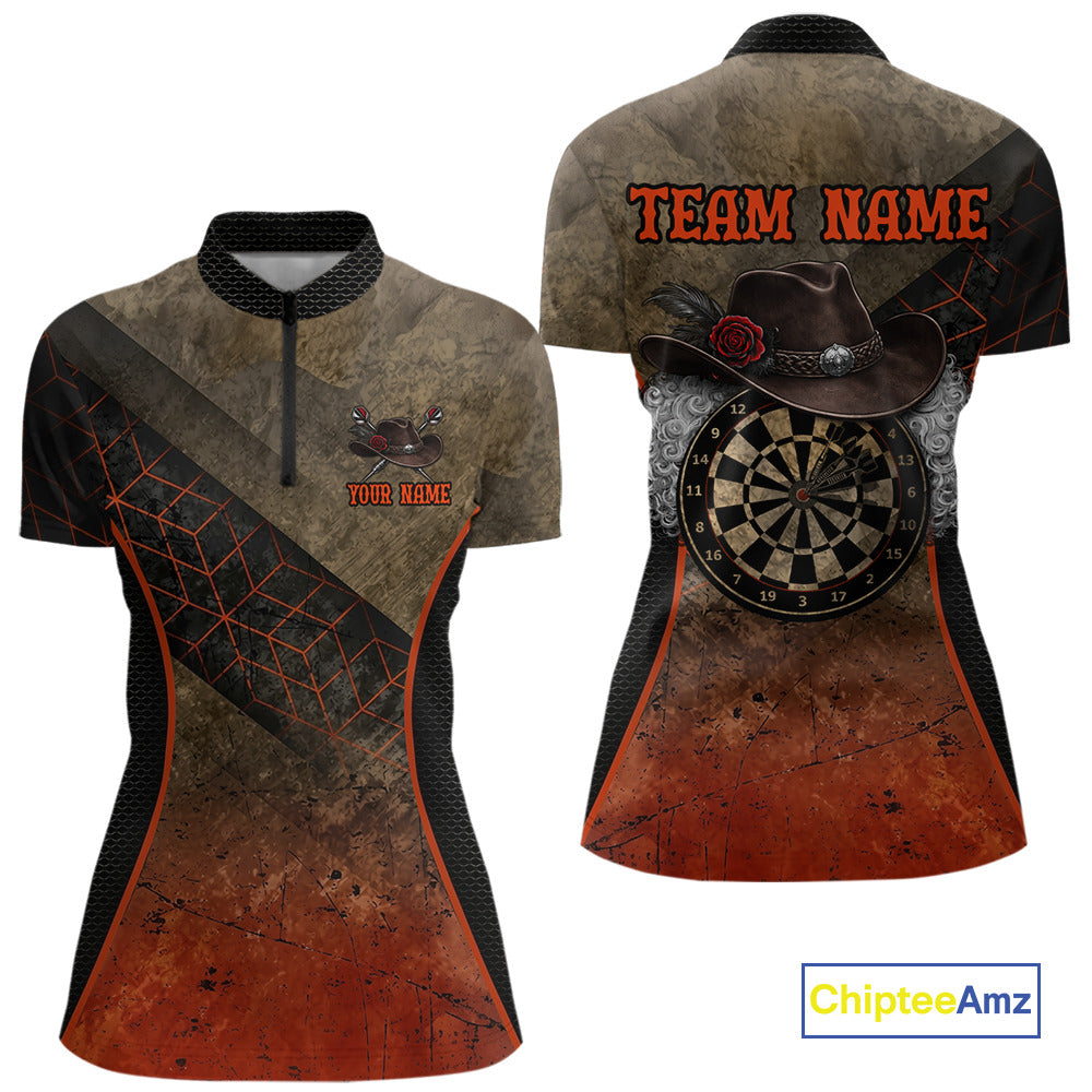 Funny Dartboard Cowboy Darts Polo & 1/4-Zip Shirts For Women Custom Grunge Brown Darts Team Jerseys NYN3079
