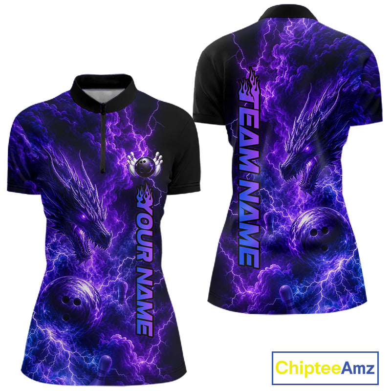 Dragon Thunder Purple Quarter-Zip Bowling Shirt featuring custom team graphics, quick-dry athletic fabric, dragon artwork, lightning effects, performance tournament apparel, personalized bowling jersey.