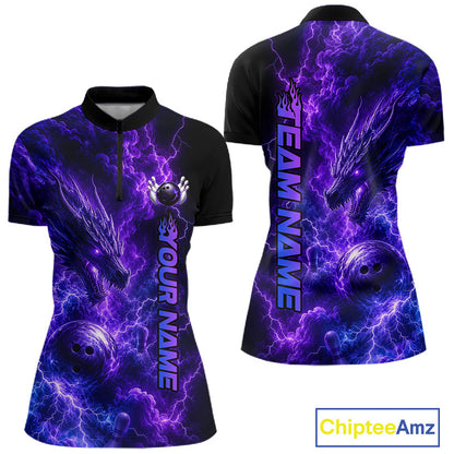 Dragon Thunder Purple Quarter-Zip Bowling Shirt featuring custom team graphics, quick-dry athletic fabric, dragon artwork, lightning effects, performance tournament apparel, personalized bowling jersey.