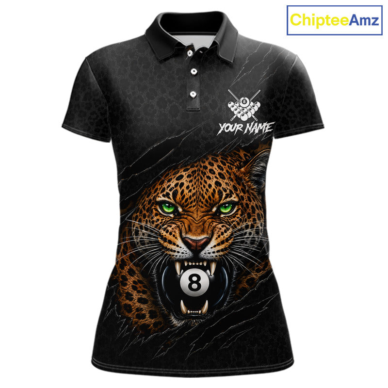 Funny Tiger 8 Ball women's billiard polo shirt personalized black leopard claws pool jersey, custom billiards apparel