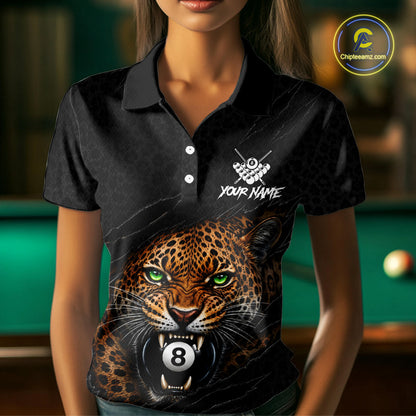Female billiards player wearing Funny Tiger 8 Ball leopard claws billiard jersey during tournament competition