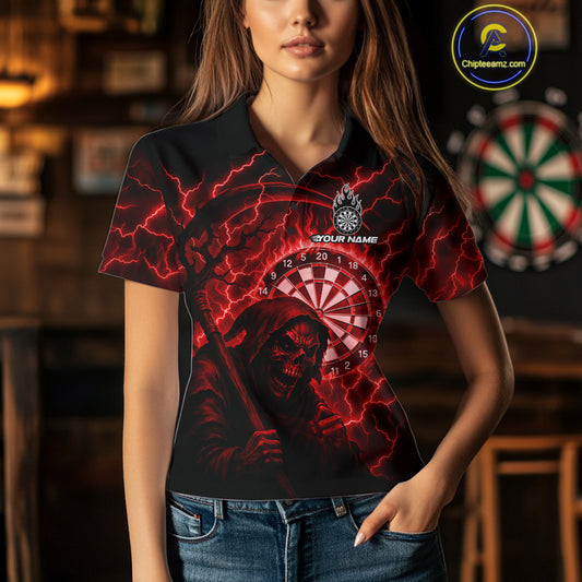 Custom Lightning Red Grim Reaper Women Dart Polo Shirt Flames Dart Tournament Jersey NYN1448