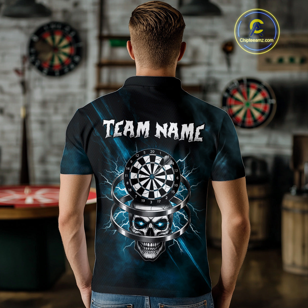 Custom Silver Skull Dartboard Lightning Turquoise Dart Men Polo Jerseys Outfits Dart Shirt NYN1712