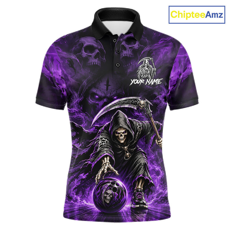 Black & Purple Flame Grim Reaper Bowling Polo featuring custom player name, skull artwork, gothic bowling apparel, custom tournament jersey, heavy metal style sportswear, fearless competition theme.